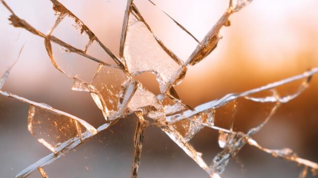 Close-up of shattered glass showcasing intricate patterns and reflections at sunset. photo