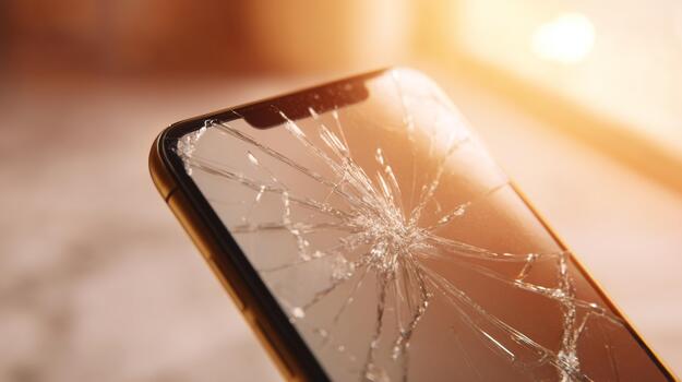 A close-up of a smartphone screen with a cracked display, capturing the fragility of modern technology in warm lighting. photo