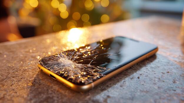 A close-up of a cracked smartphone lying on a textured surface, with a warm, golden bokeh background, conveying a sense of loss. photo