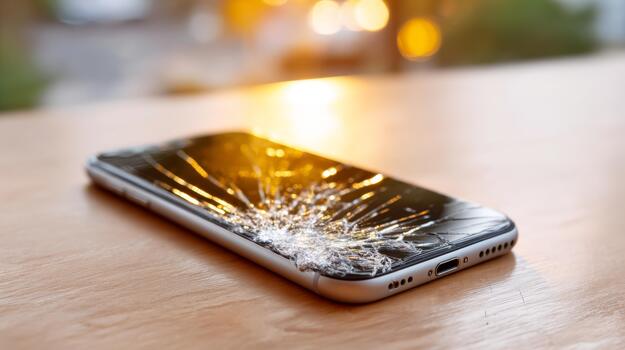 de cerca de un roto teléfono inteligente con un agrietado pantalla, reflejando calentar luz de sol en el antecedentes. foto