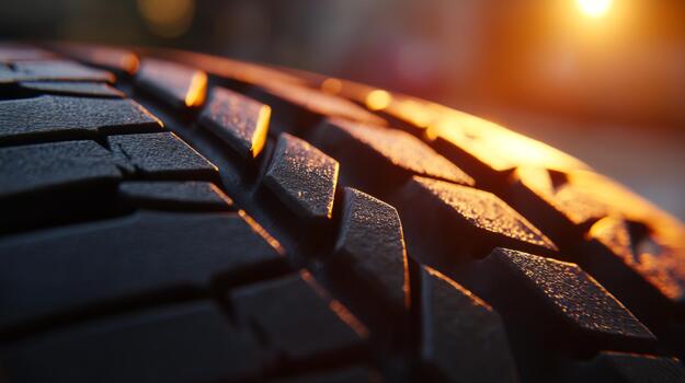 de cerca de un neumático huella con un calentar puesta de sol resplandor en el fondo, exhibiendo el intrincado patrones y detalles de el goma. foto