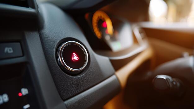 Close-up of a car's hazard light button with a glowing red indicator, emphasizing vehicle safety. photo