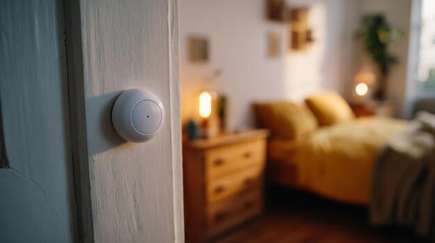 A cozy bedroom featuring soft yellow bedding, viewed through a door with a modern light switch. photo
