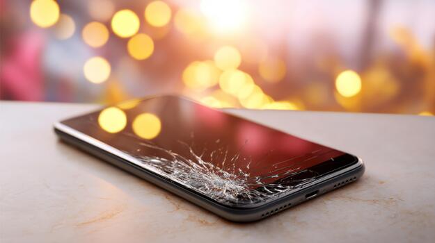 A close-up of a cracked smartphone screen on a stylish surface, depicting the impact of accidents in daily life. photo
