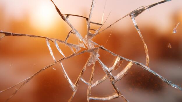A close-up view of shattered glass with soft golden bokeh in the background, capturing the essence of fragility and resilience. photo