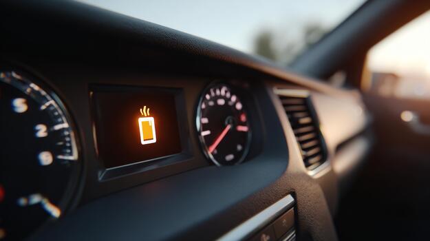 de cerca de un coche tablero demostración un bajo batería advertencia luz, enfatizando el importancia de vehículo mantenimiento. foto