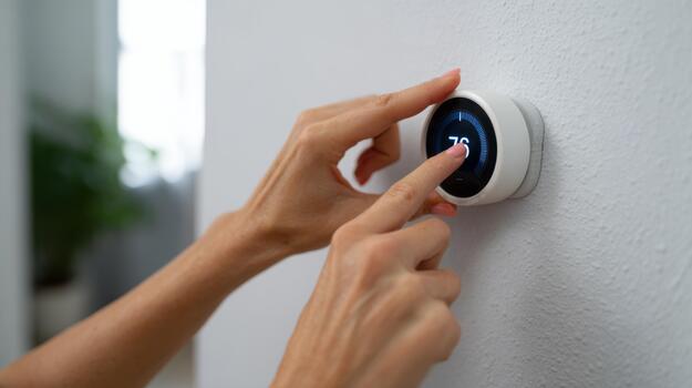 A woman adjusts a smart thermostat, showcasing a modern home setting with minimalistic design. photo