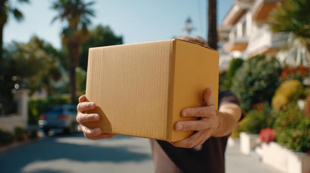 un hombre sostiene un cartulina paquete con confianza en frente de a él, rodeado por un soleado barrio atmósfera. foto