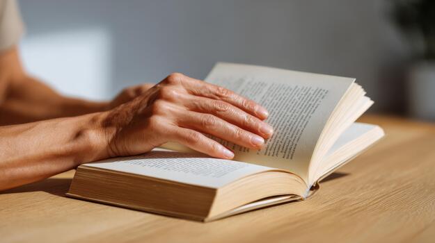 A close-up of a person's hand gently turning the pages of a book on a wooden table, creating a serene reading atmosphere. photo
