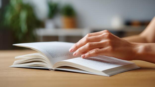 A close-up of a pair of hands gently turning the pages of a book, set against a serene workspace background. photo