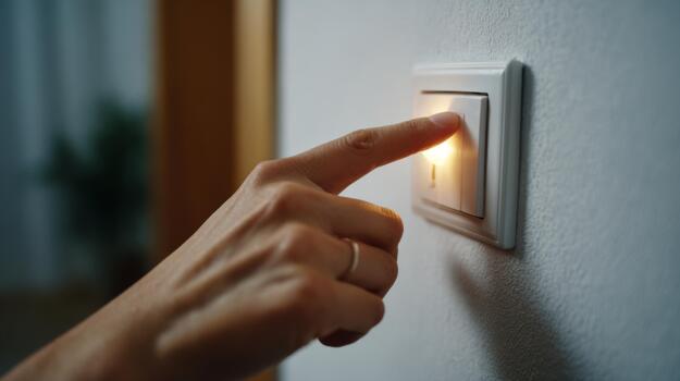 A close-up of a hand turning on a light switch, illuminating a warm glow in a cozy room setting. photo