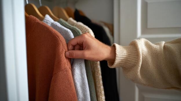 A hand selecting a cozy sweater from a neatly organized closet, featuring earthy tones and soft textures. photo
