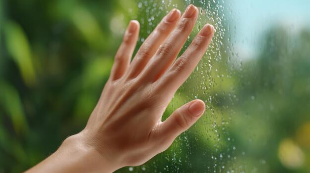 A close-up of a woman's hand gently touching a rain-soaked window, blurred green foliage in the background, conveying a serene mood. photo
