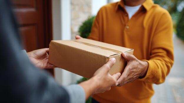 un de edad mediana hombre de asiático descendencia entrega un marrón paquete a un invisible recipiente, exhibiendo el esencia de simpático servicio. foto