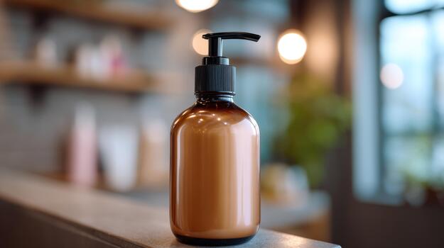 A sleek amber bottle with a pump dispenser, elegantly placed on a countertop, radiating a modern and minimalist vibe. photo