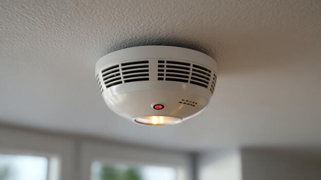 A modern smoke detector mounted on a white ceiling, featuring a red indicator light, ensuring safety and security in the home. photo