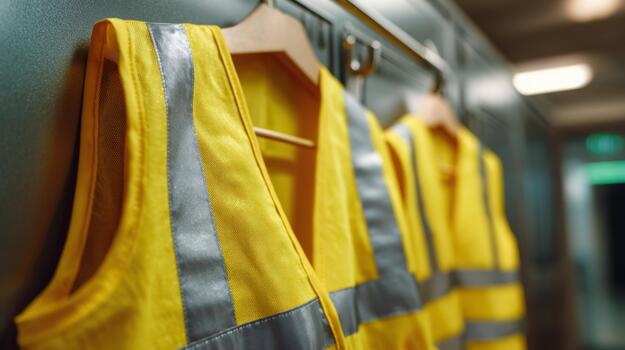 Three high-visibility yellow vests hanging neatly in a locker area, symbolizing safety and teamwork. photo