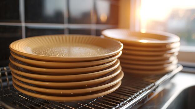 Warm morning light illuminates a stack of clean, tan plates, resting neatly in a drying rack by the window. photo