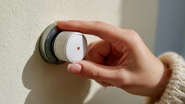 A close-up of a hand adjusting a white dial on a wall, showcasing a modern and minimalist design. photo