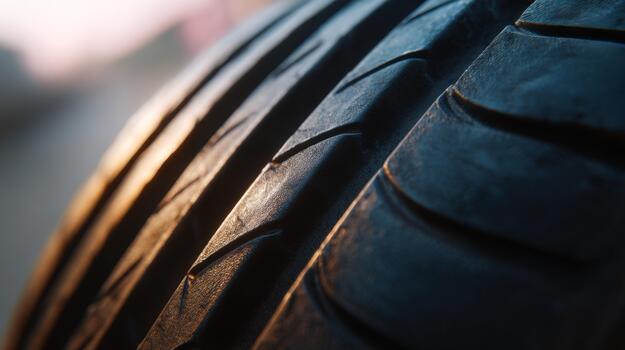 Close-up of a textured car tire showcasing intricate tread patterns and reflective surfaces during sunset. photo