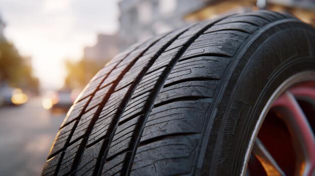 Close-up of a car tire showcasing detailed tread patterns against a blurred urban backdrop. photo