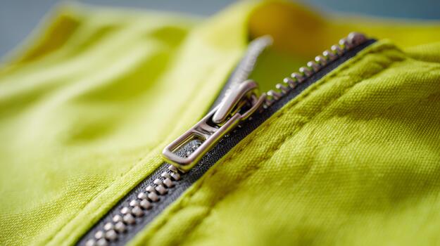 A close-up view of a bright yellow zipper, showcasing intricate details and texture. photo
