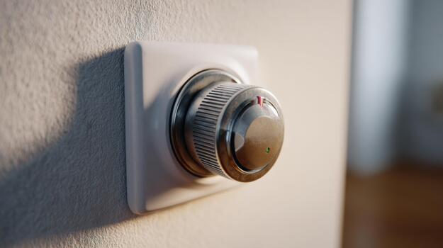 A close-up of a vintage-style thermostat dial mounted on a wall, casting soft shadows in a serene interior space. photo