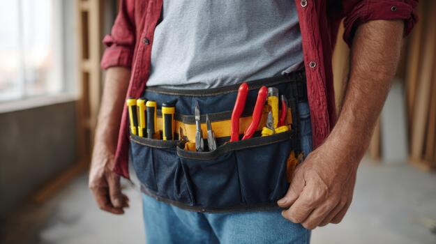 Close-up of a male handyman with a tool belt filled with various tools, standing in a partially constructed room. photo
