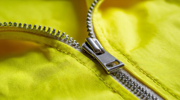 Close-up of a silver zipper on a bright yellow fabric, highlighting texture and details. photo
