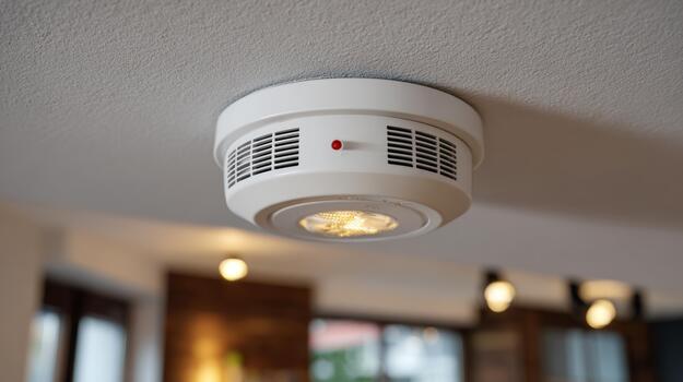 A white smoke detector mounted on a ceiling in a modern interior, featuring a red indicator light. photo