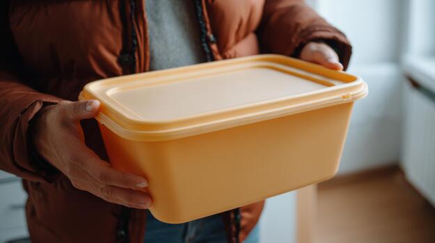 un individual sostiene un amarillo almacenamiento envase en un acogedor cocina configuración, exhibiendo un práctico almacenamiento solución. foto