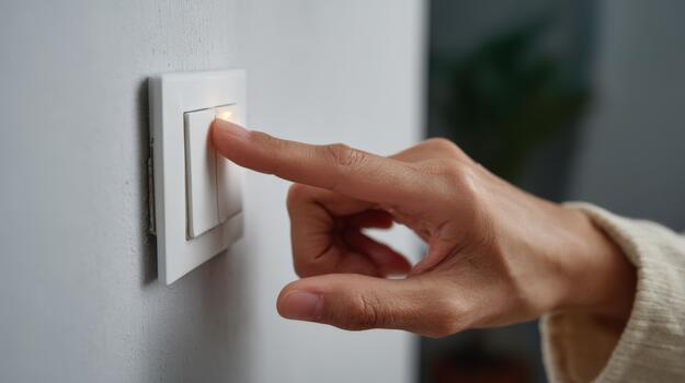 A close-up of a person's hand pressing a modern light switch, illuminating the room with a warm glow. photo