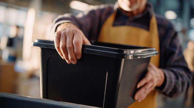 An elderly man wearing an apron carefully handles a black container in a well-lit workshop, showcasing a moment of focus and craftsmanship. photo