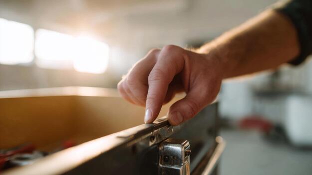 A close-up of a man's hand carefully sliding open a toolbox in a well-lit workshop, highlighting craftsmanship and focus. photo