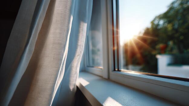 A serene view through a window, showcasing sunlight streaming in, illuminating soft white curtains. photo