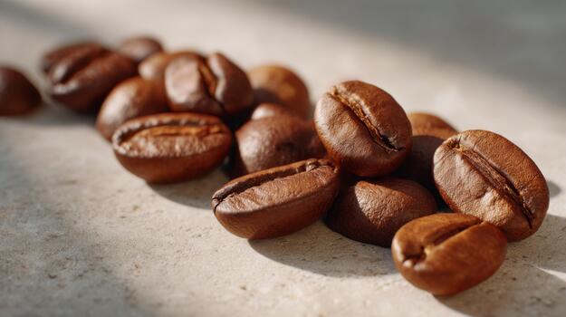 recién asado café frijoles acostado en un ligero superficie, capturar el esencia de aroma y sabor. foto