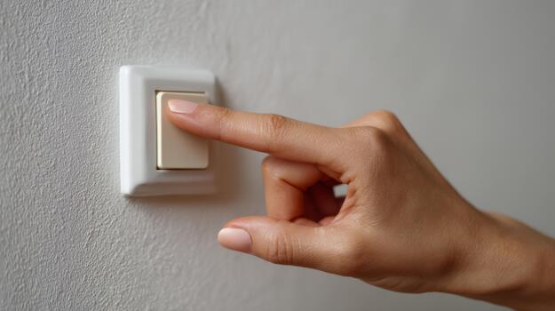 A close-up of a female hand reaching towards a light switch, signaling a warm and inviting home environment. photo
