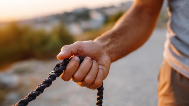 A close-up of a man's hand gripping a sturdy rope against a scenic sunset backdrop, showcasing strength and determination. photo