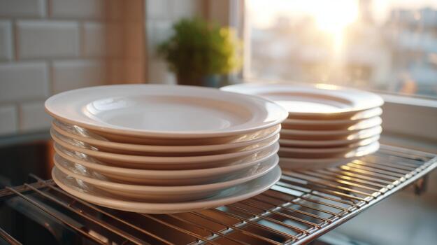 A stack of pristine white plates drying on a rack, illuminated by warm sunlight streaming through a window. photo