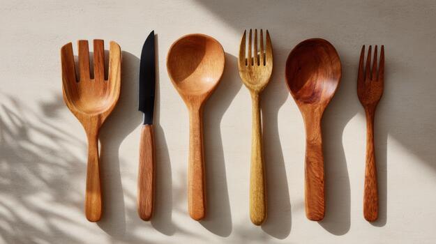 An array of elegant wooden kitchen utensils arranged artistically, showcasing natural textures and craftsmanship. photo