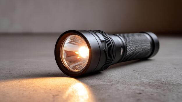 Close-up of a sleek black flashlight emitting a warm light, resting on a textured concrete surface. photo