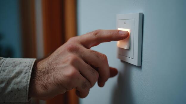 A close-up of a male hand pressing a light switch, illuminating the room with a warm glow. photo