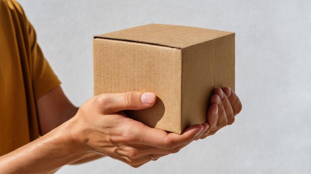 un persona participación un pequeño cartulina caja con ambos manos en contra un neutral antecedentes. foto