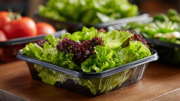Fresh green salad mix in a plastic container, showcasing vibrant textures and colors. photo