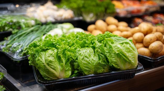 Fresh green lettuce and potatoes displayed at a grocery store, showcasing vibrant colors and texture. photo