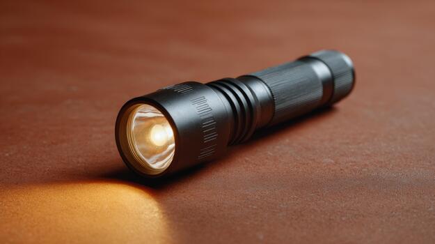 A sleek, black flashlight resting on a textured surface, illuminating a warm glow, perfect for outdoor adventures or emergency use. photo