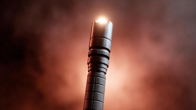 A sleek, modern flashlight beams brightly against a smoky background, creating a dramatic and intense atmosphere. photo