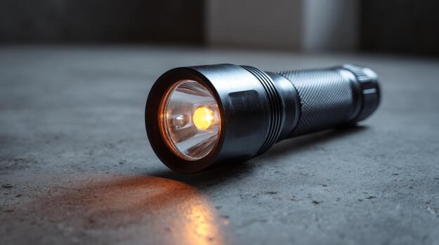 A sleek black flashlight lying on a textured concrete surface, casting a warm, inviting glow. photo
