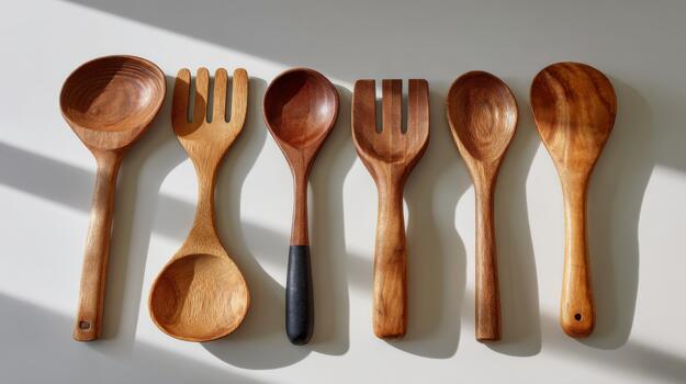 A collection of beautifully crafted wooden cooking utensils arranged in a row, showcasing their unique shapes and textures. photo