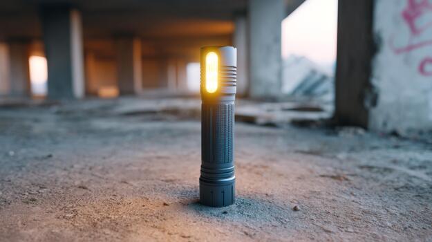 A sleek gray flashlight stands illuminating the gritty floor of an abandoned building at dusk. photo